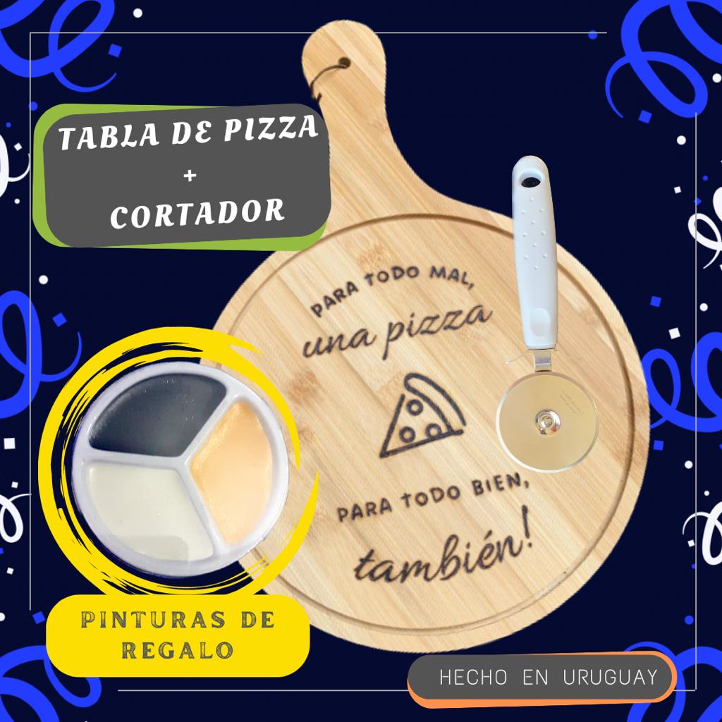 TABLA DE PIZZAS CON CORTADOR DE PIZZAS + PINTURAS DE REGALO